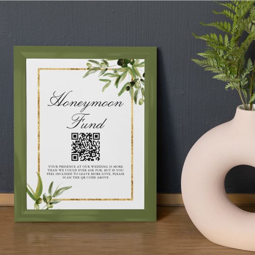 Elegant Green Gold Leaf Wedding Honeymoon Fund Poster