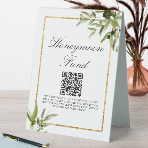 Elegant Green Gold Leaf Wedding Honeymoon Fund Table Tent