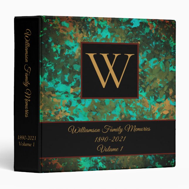 Elegant Green Gold Leafy Monogram Family Memories 3 Ring Binder (Front/Spine)