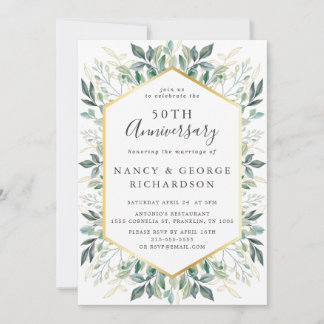 Elegant Green Gold Leaves 50th Wedding Anniversary Invitation