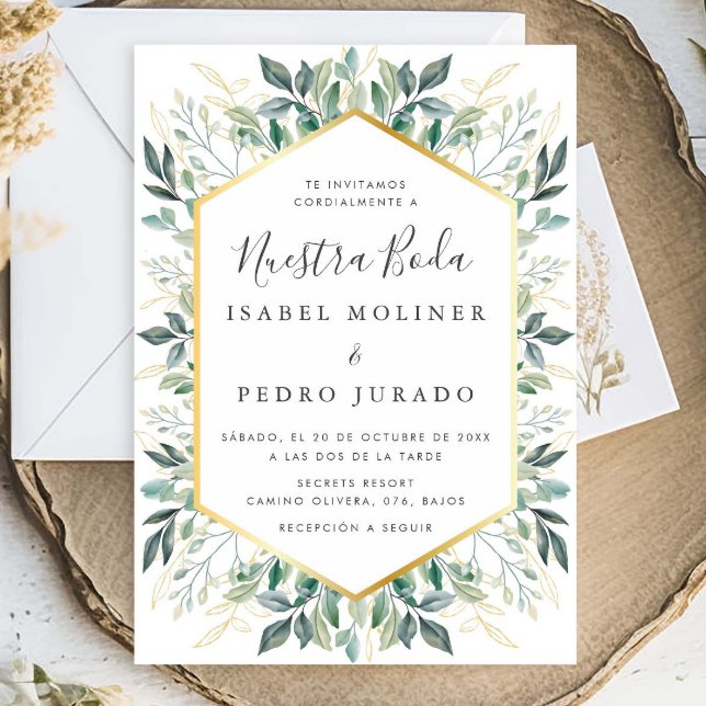 Elegant Green Gold Leaves Nuestra Boda Wedding Invitation (Creator Uploaded)
