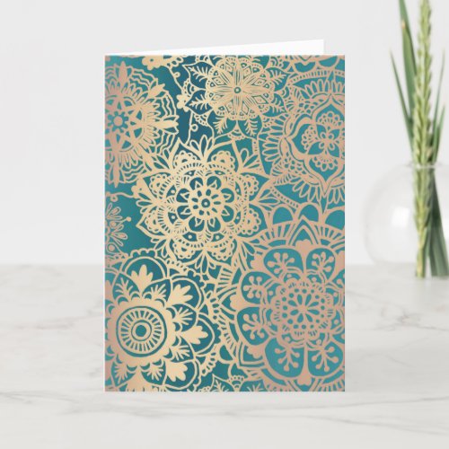 Elegant Green Gold Mandala Pattern Blank Christmas Holiday Card