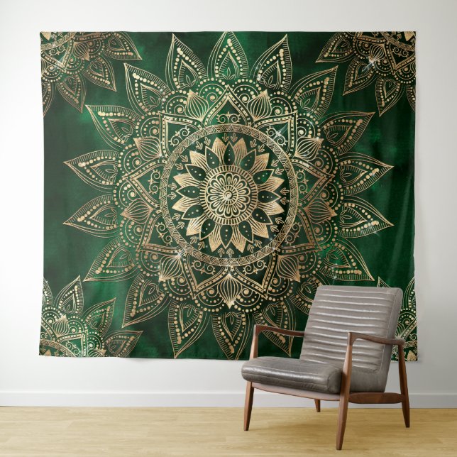 Elegant Green Gold Mandala Tapestry (In Situ (Horizontal))