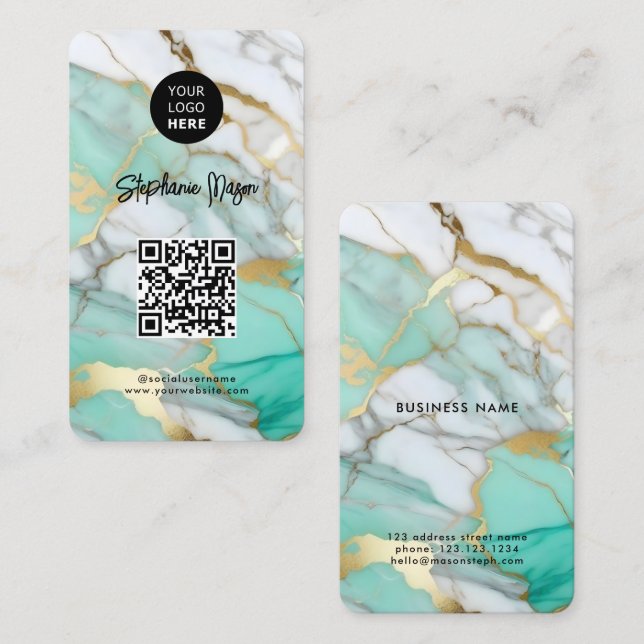 Elegant Green Gold Marble Logo & QR Code Modern Business Card (Front/Back)