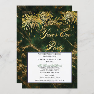 Elegant Green Gold Marble New Years Eve Party Invitation