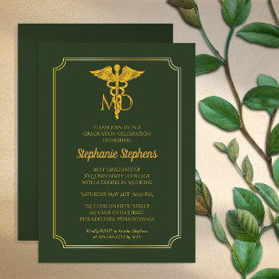 Elegant Green Gold MD Physician Graduation Party Invitation