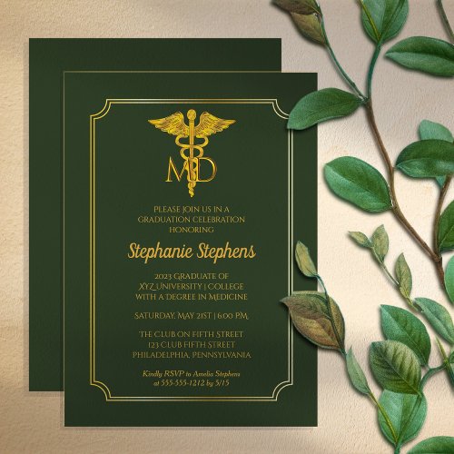 Elegant Green  Gold MD Physician Graduation Party Invitation