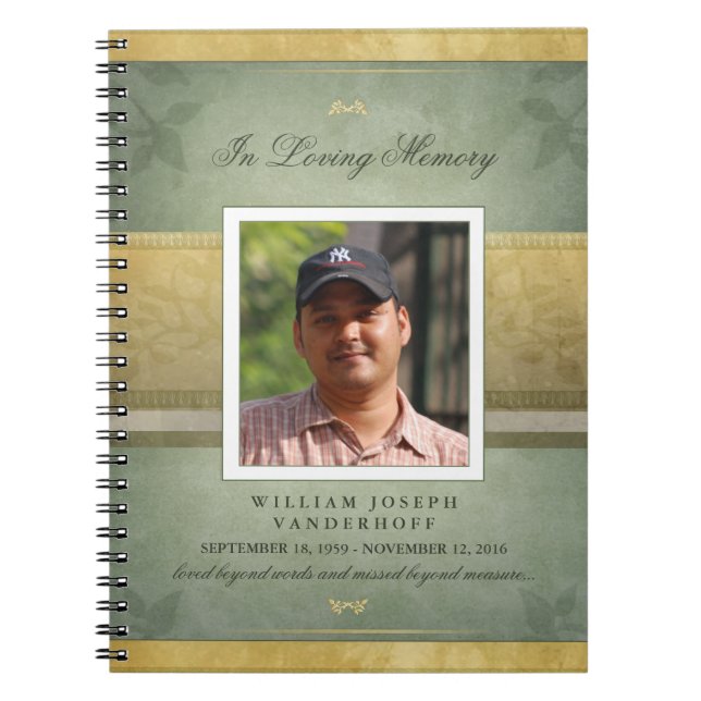 Elegant Green & Gold Memorial Funeral Guest Book (Front)