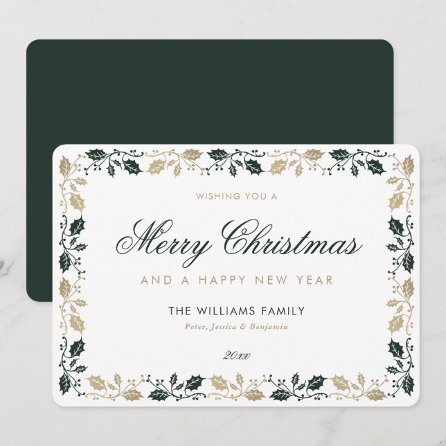 Elegant Green Gold Merry Christmas Happy New Year Holiday Card (Front/Back)
