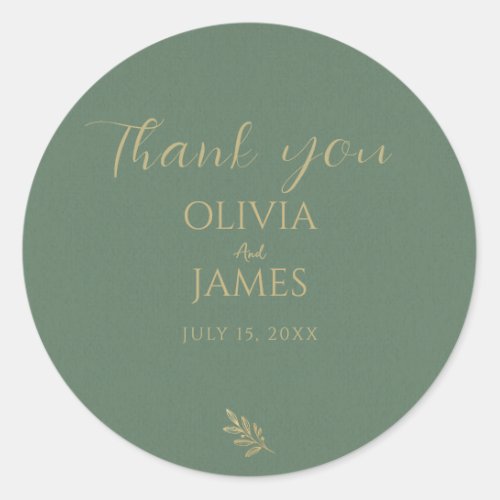 Elegant Green  Gold Minimalist Thank You Wedding Classic Round Sticker
