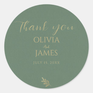 Elegant Green & Gold Minimalist Thank You Wedding Classic Round Sticker