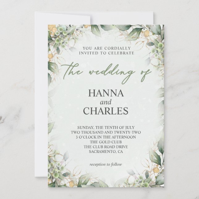Elegant Green Gold Mint Cream Eucalyptus Invitation (Front)