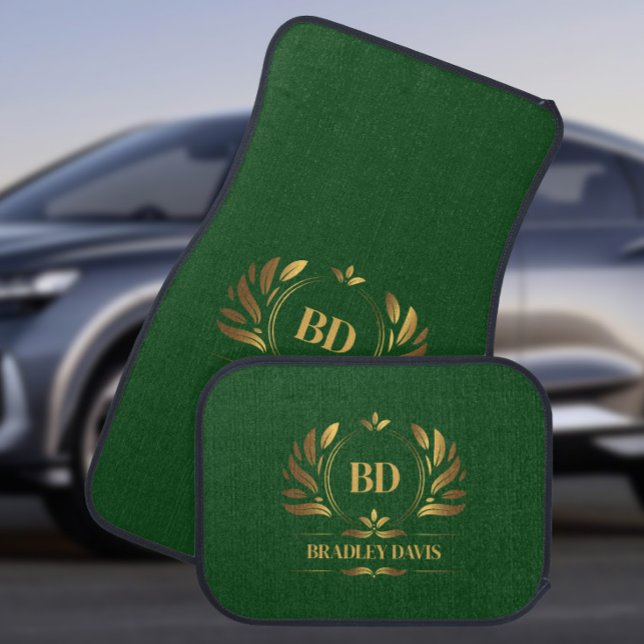  Elegant Green Gold Monogram and Name, Car Floor Mat (Creator Uploaded)