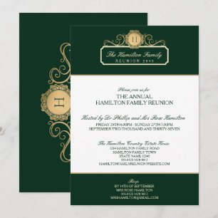 Elegant Green Gold Monogram Family Reunion Invitation