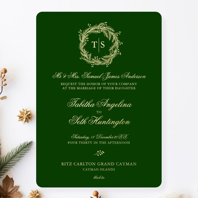 Elegant Green Gold Monogram Wedding Foil Invitation (Creator Uploaded)