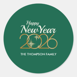 Elegant Green & Gold “New Year 2026” Personalized Classic Round Sticker