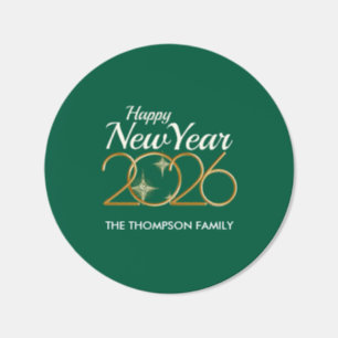 Elegant Green & Gold “New Year 2026” Personalized Classic Round Sticker