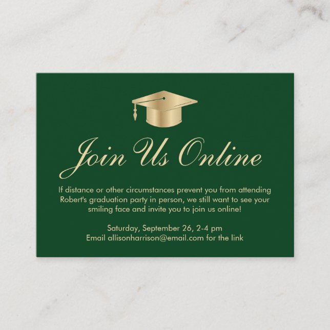 Elegant Green Gold Online Graduation Party Enclosure Card (Front)