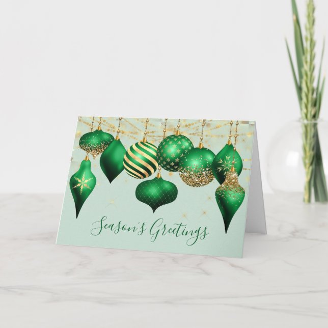 Elegant Green Gold Ornaments Business Holiday Card (Front)