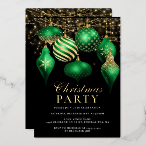 Elegant Green Gold Ornaments Christmas Party Foil Invitation