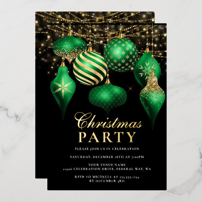 Elegant Green Gold Ornaments Christmas Party Foil Invitation (Front/Back)