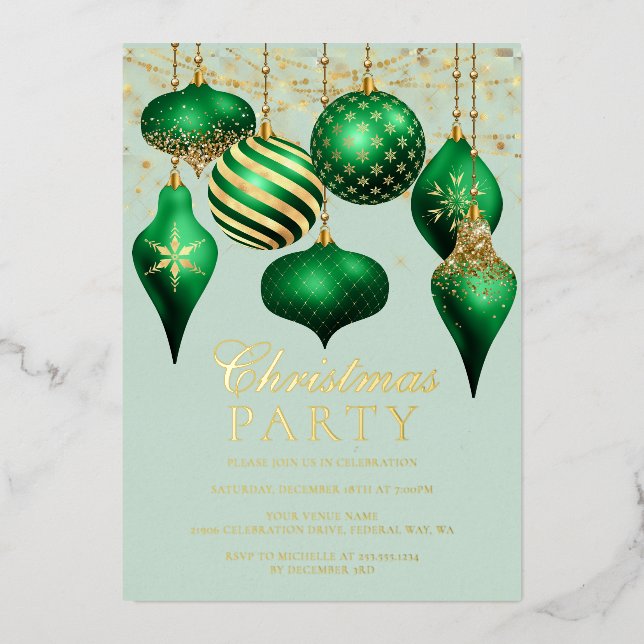 Elegant Green Gold Ornaments Christmas Party Foil Invitation (Front)