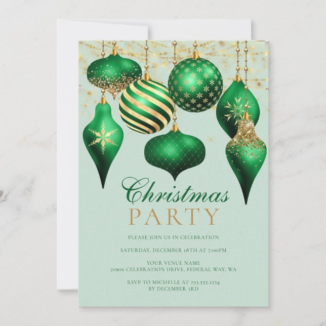 Elegant Green Gold Ornaments Christmas Party Invitation (Front)