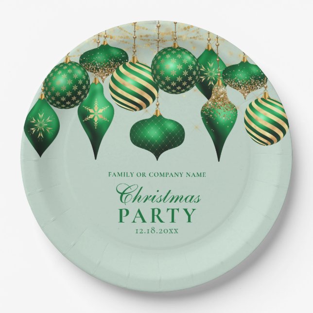 Elegant Green Gold Ornaments Christmas Party Paper Plates (Front)