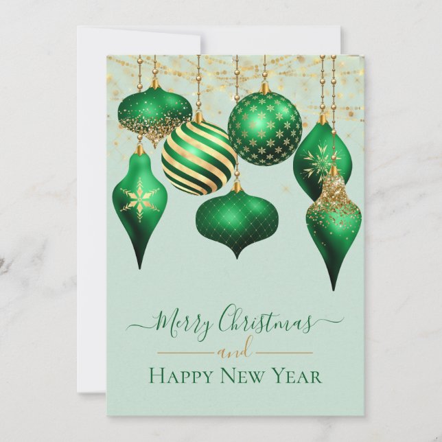 Elegant Green Gold Ornaments Merry Christmas Card (Front)
