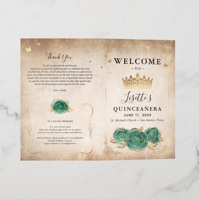 Elegant Green Gold Parchment Quinceanera Program Brochure (Outside)