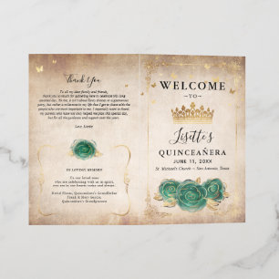 Elegant Green Gold Parchment Quinceanera Program Brochure