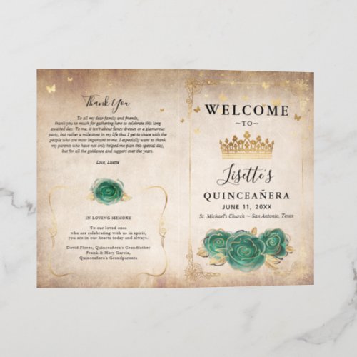 Elegant Green Gold Parchment Quinceanera Program Brochures