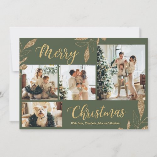 Elegant Green Gold Photo Collage Christmas Card