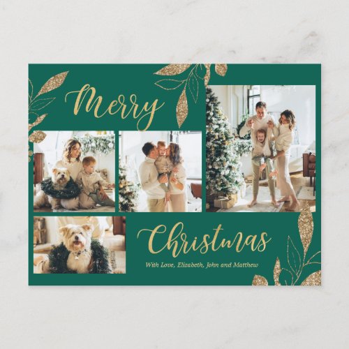 Elegant Green Gold Photo Collage Christmas Postcard