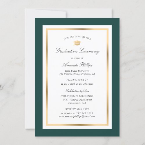 Elegant Green Gold Photo Graduation Ceremony Invitation