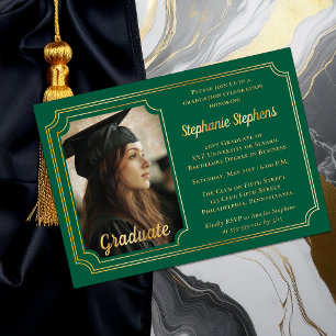 Elegant Green & Gold Photo Graduation Party  Foil Invitation