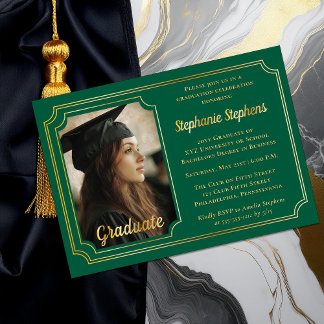 Elegant Green & Gold Photo Graduation Party  Foil Invitation