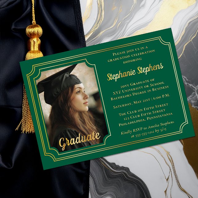 Elegant Green & Gold Photo Graduation Party  Foil Invitation (Elegant Hunter Green and Gold Foil Graduation Party Invitation with Photo and Scalloped Frame)