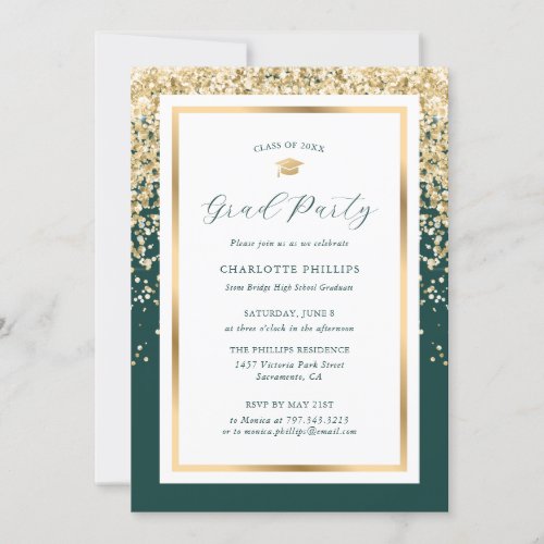 Elegant Green Gold Photo Graduation Party Invitation