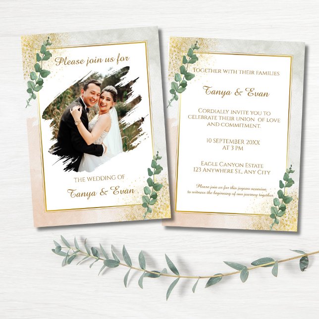 Elegant Green & Gold Photo Wedding Invitation (Elegant Green & Gold Photo Wedding Invitation)