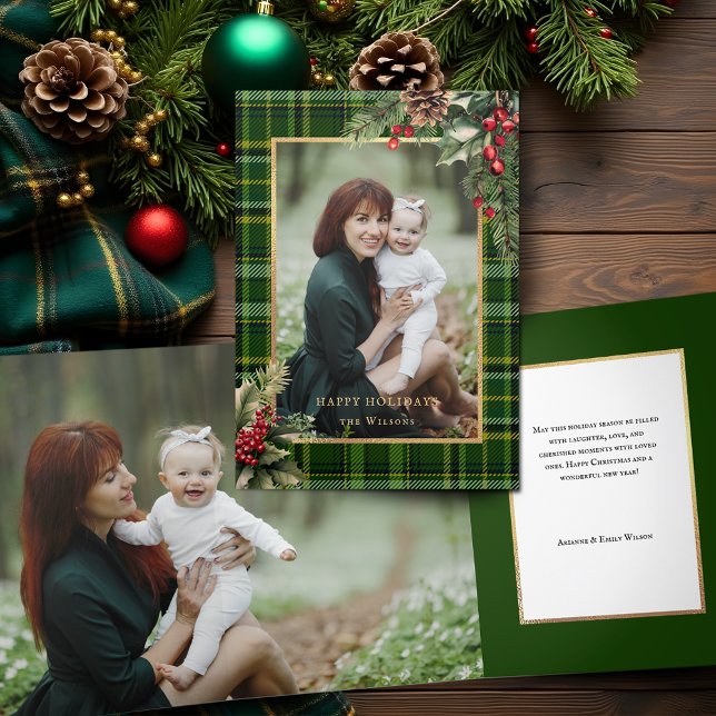 Elegant Green/Gold Plaid Holly Christmas Photo  Tri-Fold Card (Creator Uploaded)