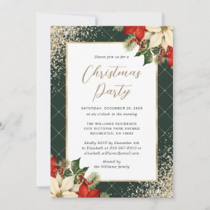 Elegant Green Gold Poinsettia Christmas Party Invitation