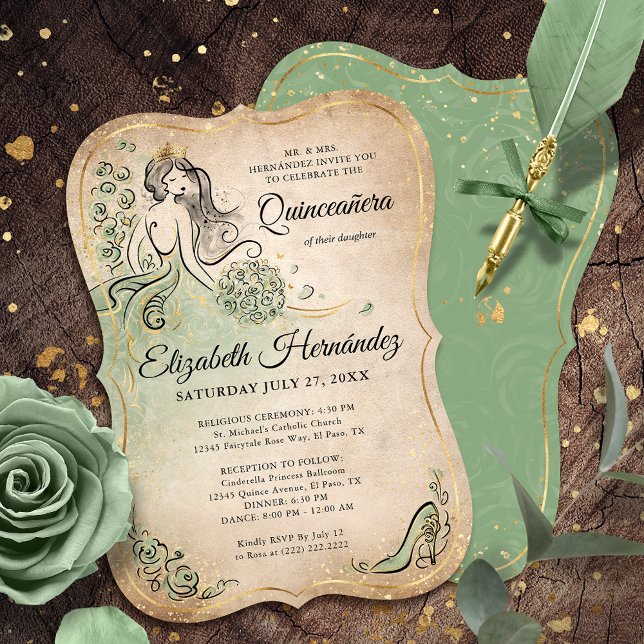 Elegant Green Gold Princess Quinceanera Birthday Invitation (Bring your fairytale to life with these gold and sage green birthday invitations fit for a princess.)