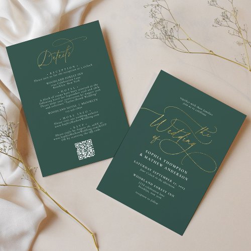 Elegant Green Gold QR Code All in one Wedding Invitation