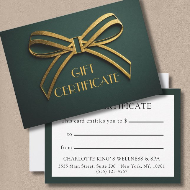 Elegant Green & Gold Ribbon Gift Certificate Card  (Custom Elegant Green & Gold Ribbon Gift Certificate Card)