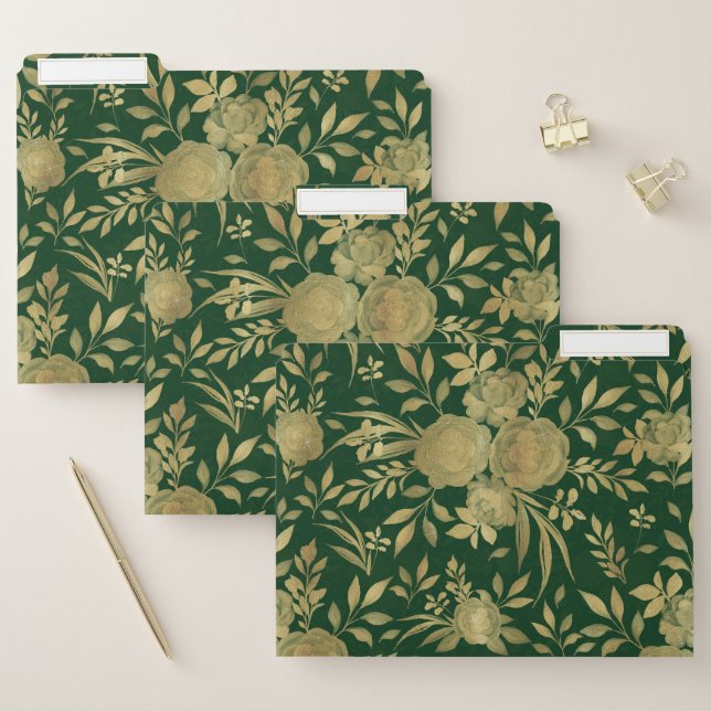 Elegant Green Gold Roses Floral Design File Folder (Set)