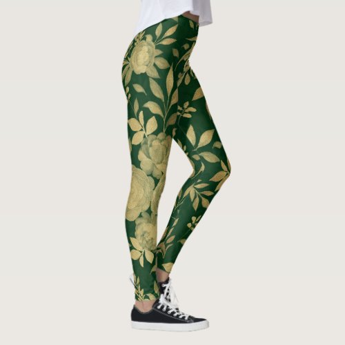 Elegant Green Gold Roses Floral Design Leggings