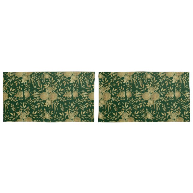 Elegant Green Gold Roses Floral Design Pillow Case (Front-Set)