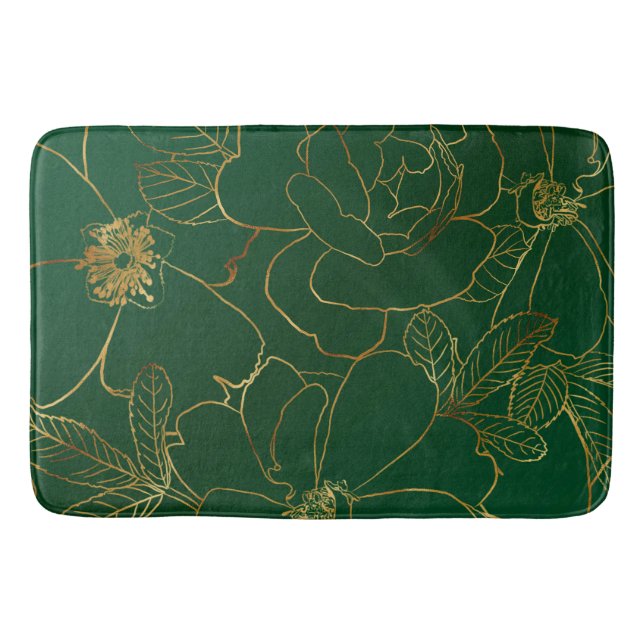 Elegant Green Gold Roses Floral Line Drawing Bath Mat (Front)