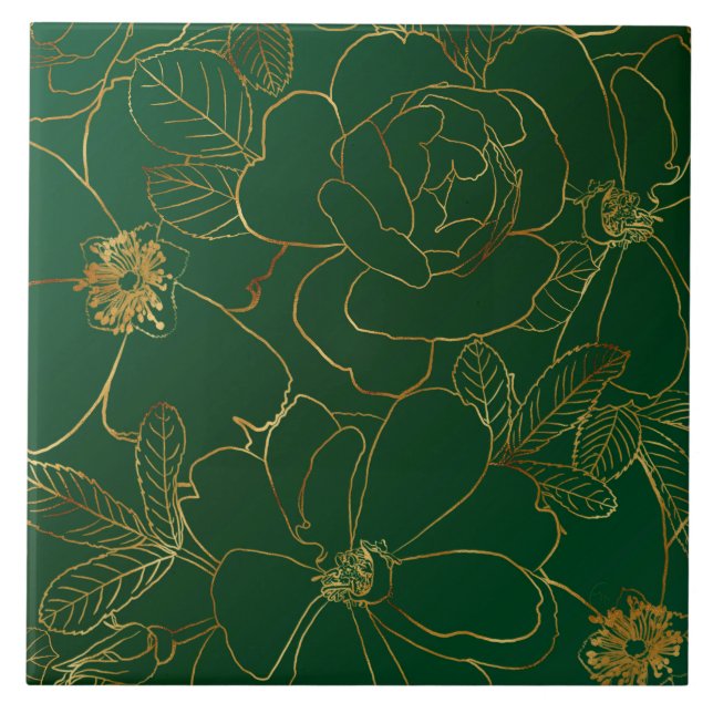 Elegant Green Gold Roses Floral Line Drawing Ceramic Tile (Front)